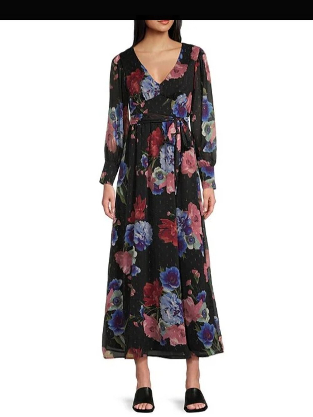 Evolutionary Floral Metallic Clip Dot Maxi Dress Black Multicolor Long Sleeve
